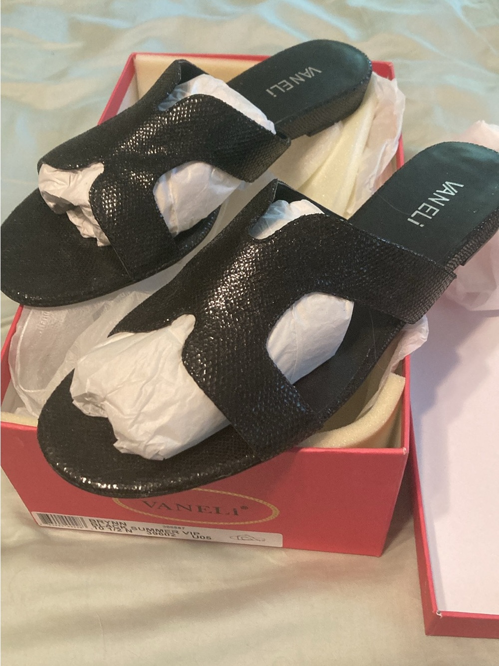Vaneli Black Shiny Slide Sandals